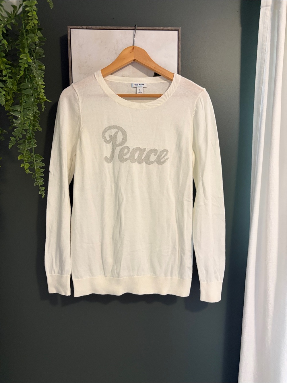 Old Navy Cream Crewneck Sweater with ‘Peace’ Script